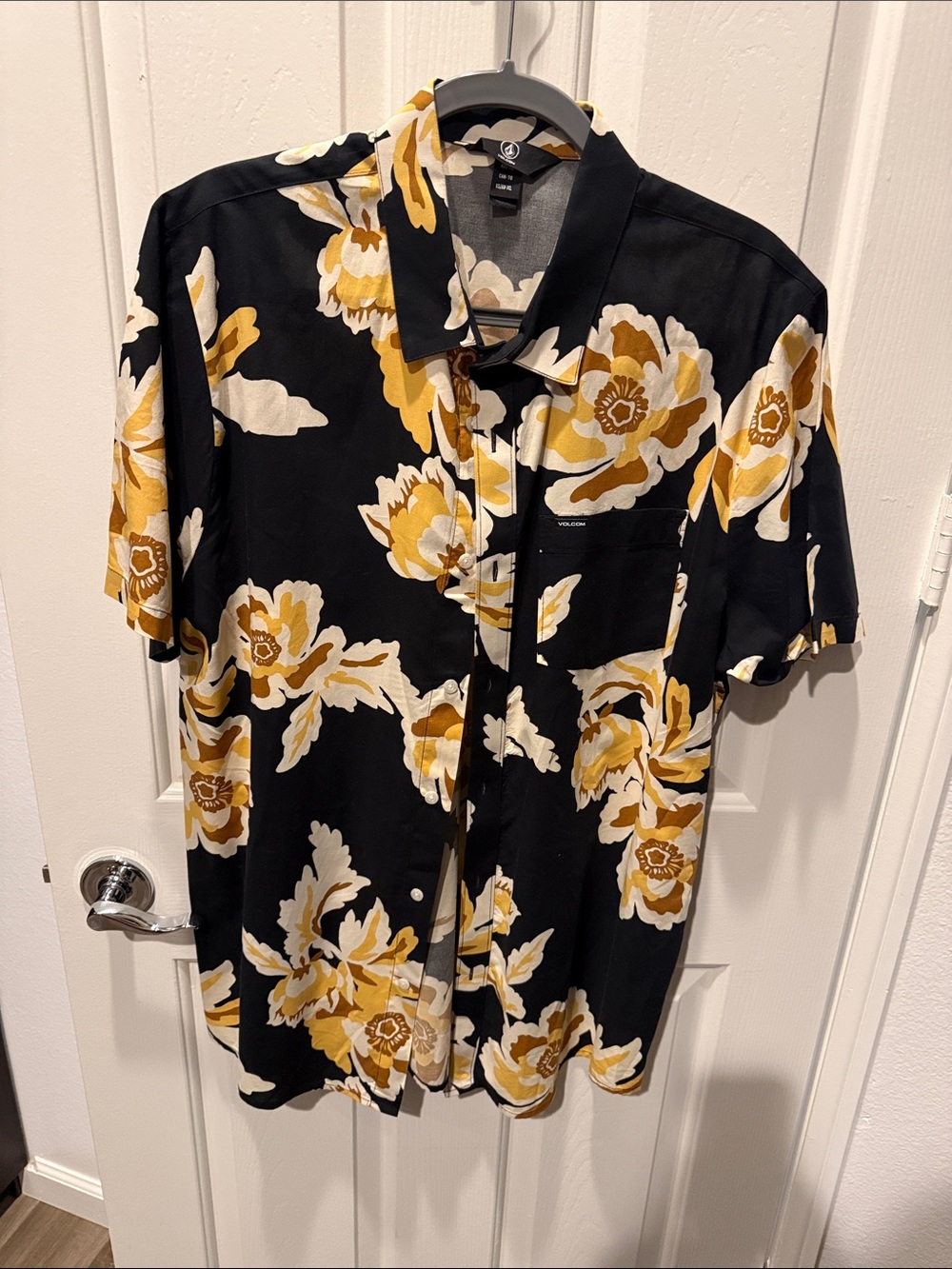 Volcom Black Short-Sleeve Button-Up with Yellow Floral Print